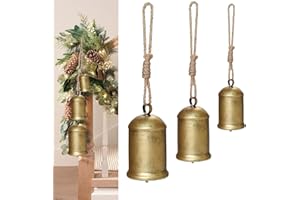 LAMTRANCAIL Set of 3 Christmas Bells for Decoration, 8in-6in-4in Cow Bells with Jute Hanging Rope, Metal Vintage Hanging Bells for Christmas Decor Wreath Garland Tree Doors Windows Rustic Home