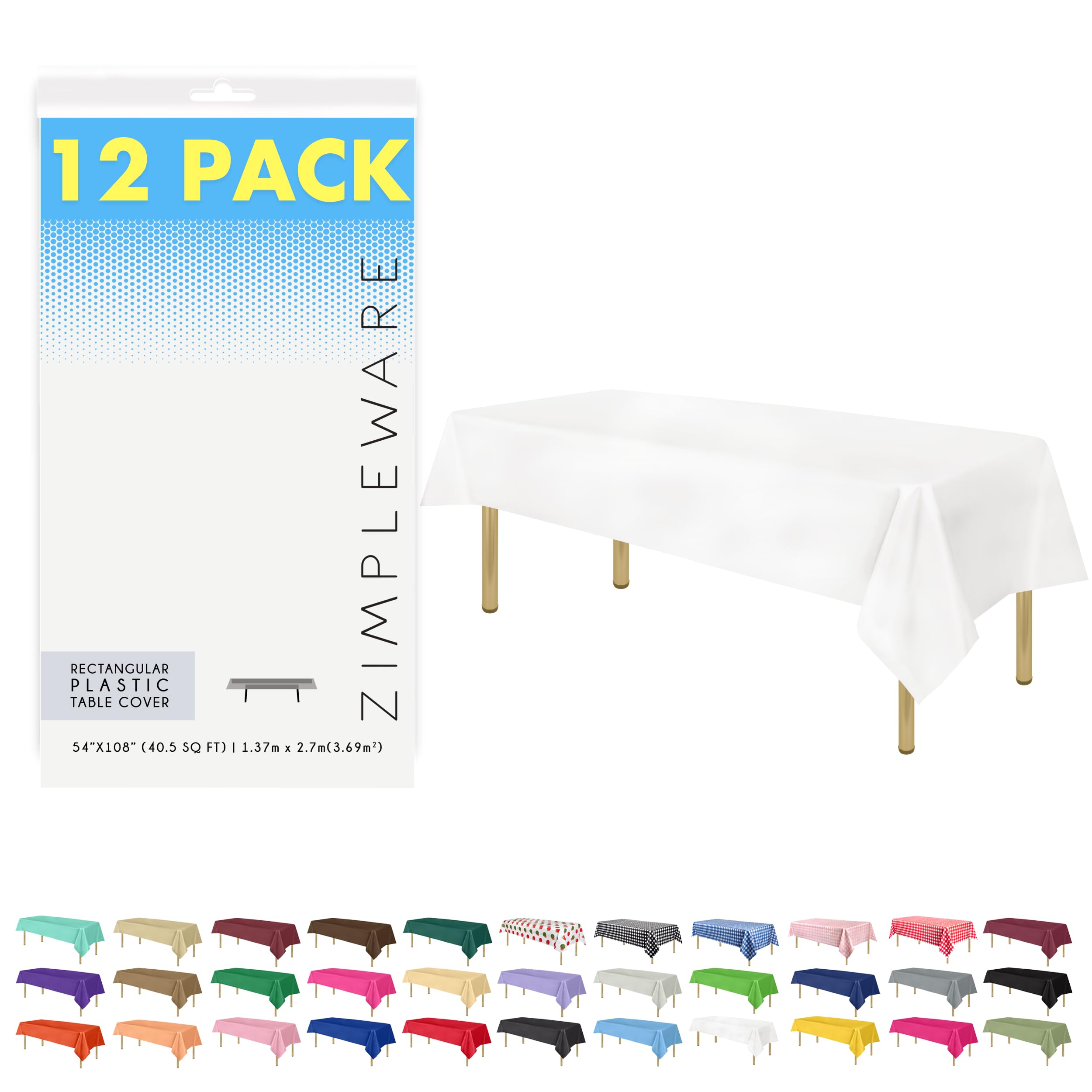 ZIMPLEWARE White Standard Disposable Plastic Party Tablecloth [12-Pack] 54 x 108” Rectangle Table Cover for Indoor & Outdoor Use
