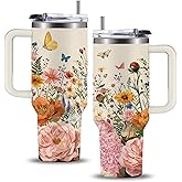 WWHSAI Floral Boho Tumbler 40oz, Flowers Gifts, Flower Coffee Cup Gifts for Women Girls, Abstract Retro Mid Century Flower Gift for Her on Christmas Birthday Mothers Day
