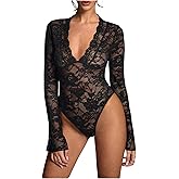 OYOANGLE Women's Mesh Floral Lace Bodysuits Sheer Deep V Neck Bell Long Sleeves Leotards Bodysuit Top Slim Fit Jumpsuit