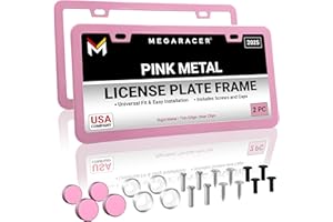 MEGA RACER Premium Princess Pink License Plate Frames – 2 Pack, Rust-Free Stainless Steel, Street Legal, Rattle-Free, Universal Slim Design with Screw Caps, Durable Car Tag Holders for Women, Cute & Girly Gift