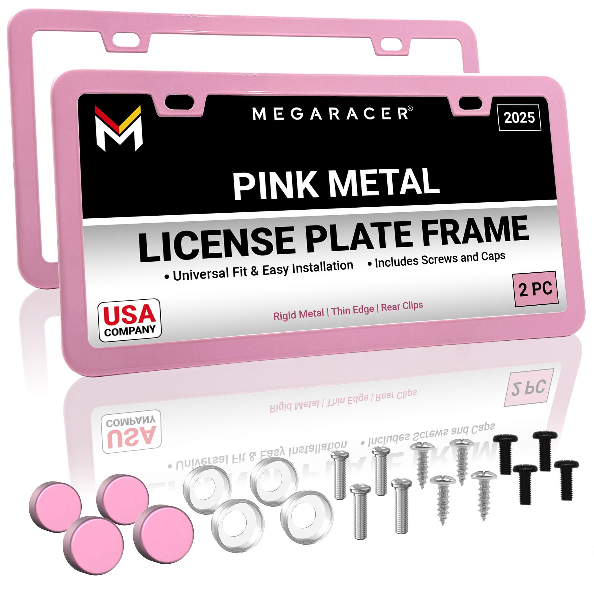 Premium Princess Pink License Plate Frames – 2 Pack, Rust-Free Stainless Steel, Street Legal, Rattle-Free, Universal Slim Design with Screw Caps, Durable Car Tag Holders for Women, Cute & Girly Gift Image