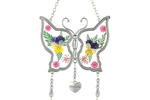 JOBOSI Butterfly Gift for Grandma - Real Flower in Glass Butterfly Decor - Birthday and Thanksgiving Gifts