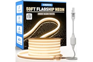 KANAYA 50ft Led Neon Rope Lights Warm White 2800K, ETL Listed 110-120V Lighting Strip IP65 Waterproof, Connectable and Cuttable, for Home Commercial Building Outdoor Indoor Decor