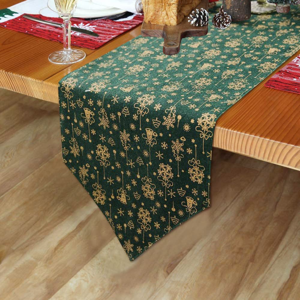 Corsehild Linen Green Long Christmas Runner, Snowflake Christmas Tree Printed Table Cloth, 30x180cm