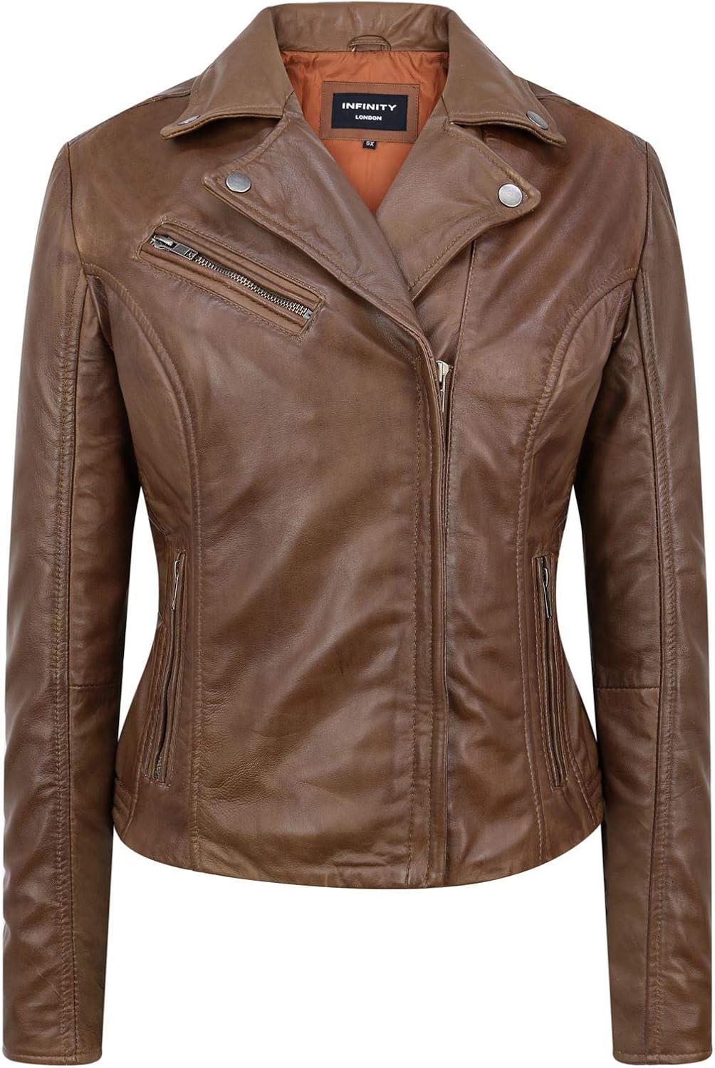 Chaqueta de cuero real para mujer con cremallera cruzada clásica