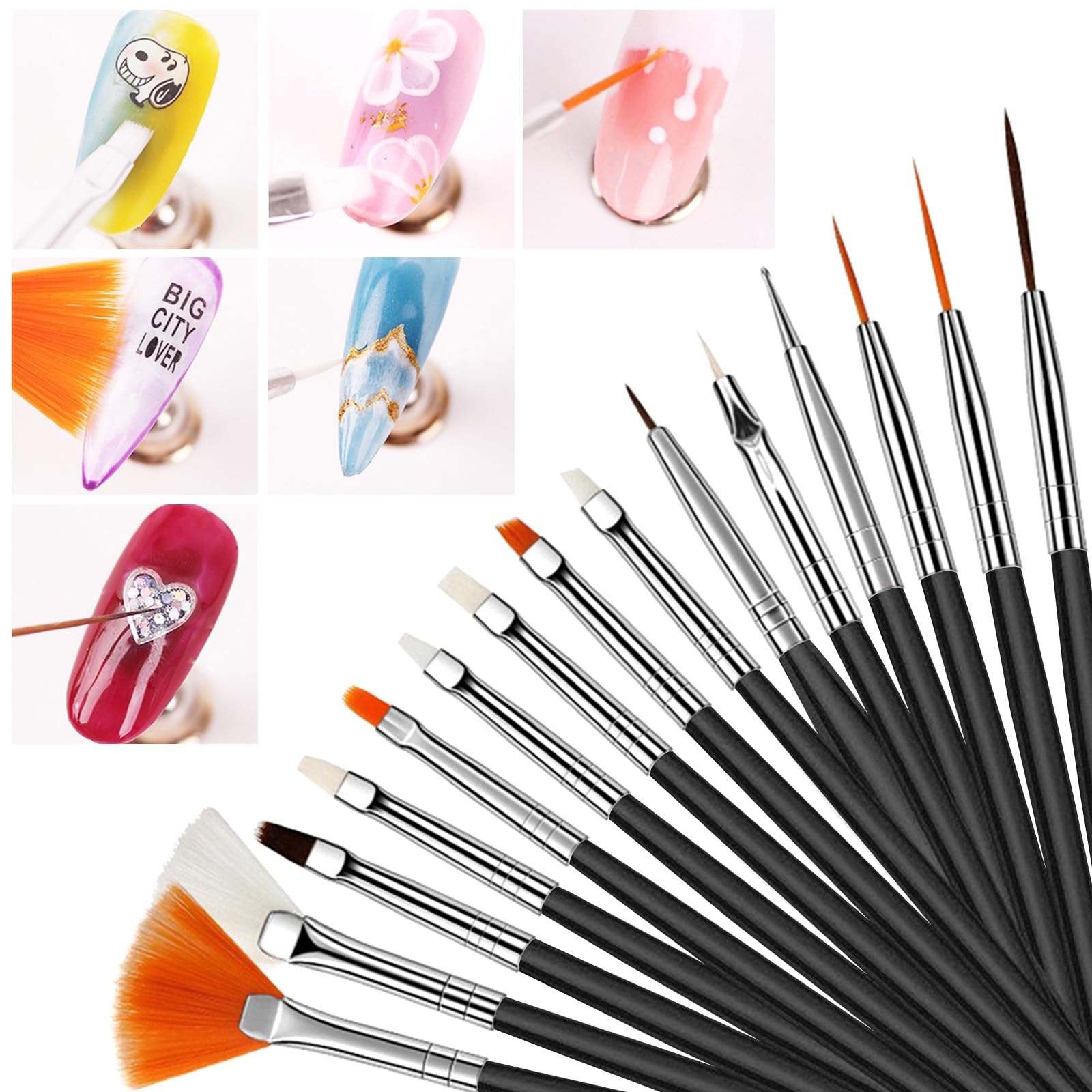 YVIFEVG Black Nail Art Brush Set - 15 Pieces, Fine Bristles, Gel Nails, Acrylic Handle, Nylon Head, Round Shape, Liner Brush Type