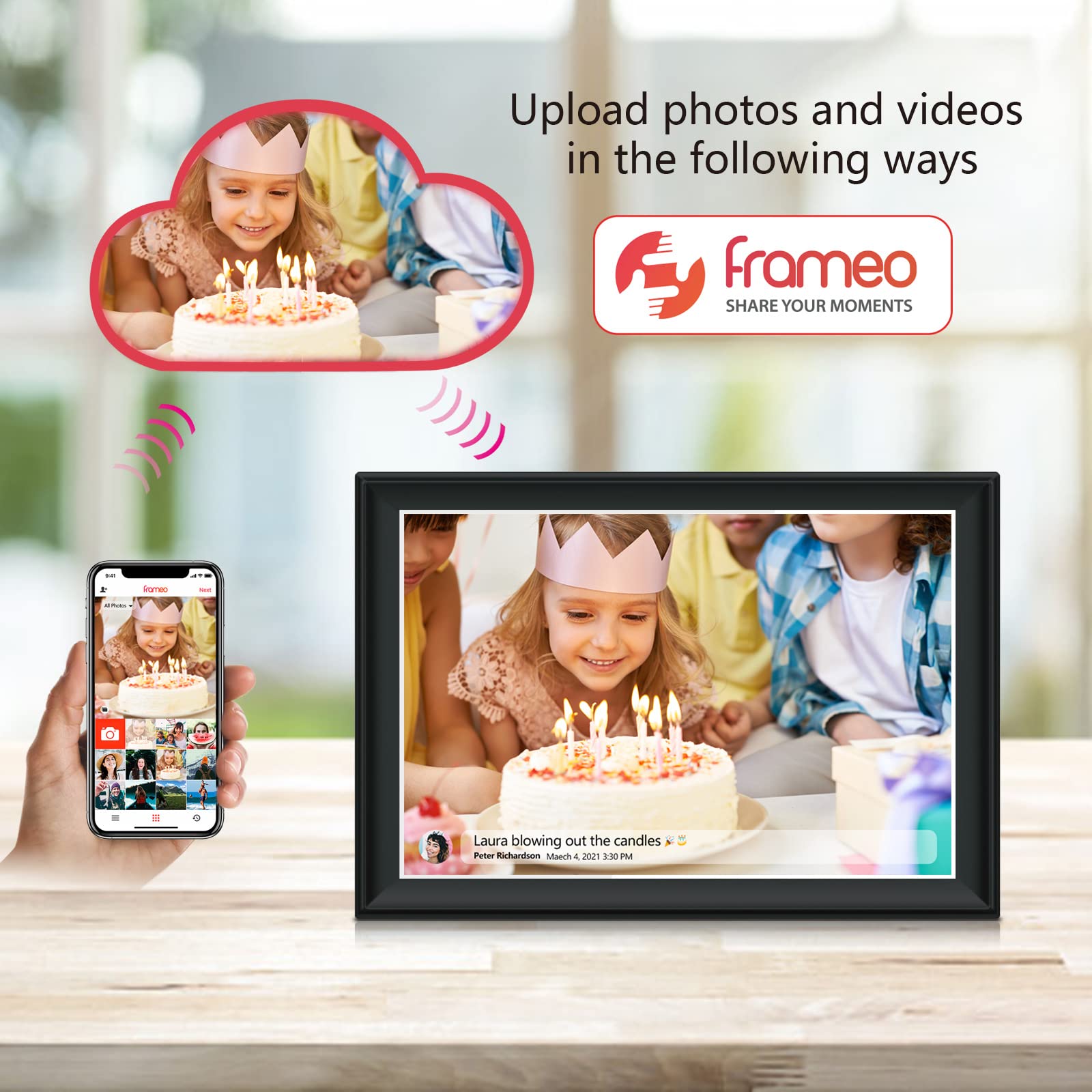 64GB FRAMEO 10.5 Inch Smart WiFi Digital Photo Frame 1920x1280 FHD IPS LCD Touch Screen, Auto-Rotate, 64GB Storage, Support SD Card & USB Drive, Share Moments Instantly via Frameo App from Anywhere