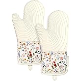 Slohif Long Silicone Oven Mitts Heat Resistant for Women - 2 Pcs Red Flower 100% Cotton Oven Gloves, Non-Slip and Waterproof Silicone Oven Mitts with Hanger for Baking and Cooking