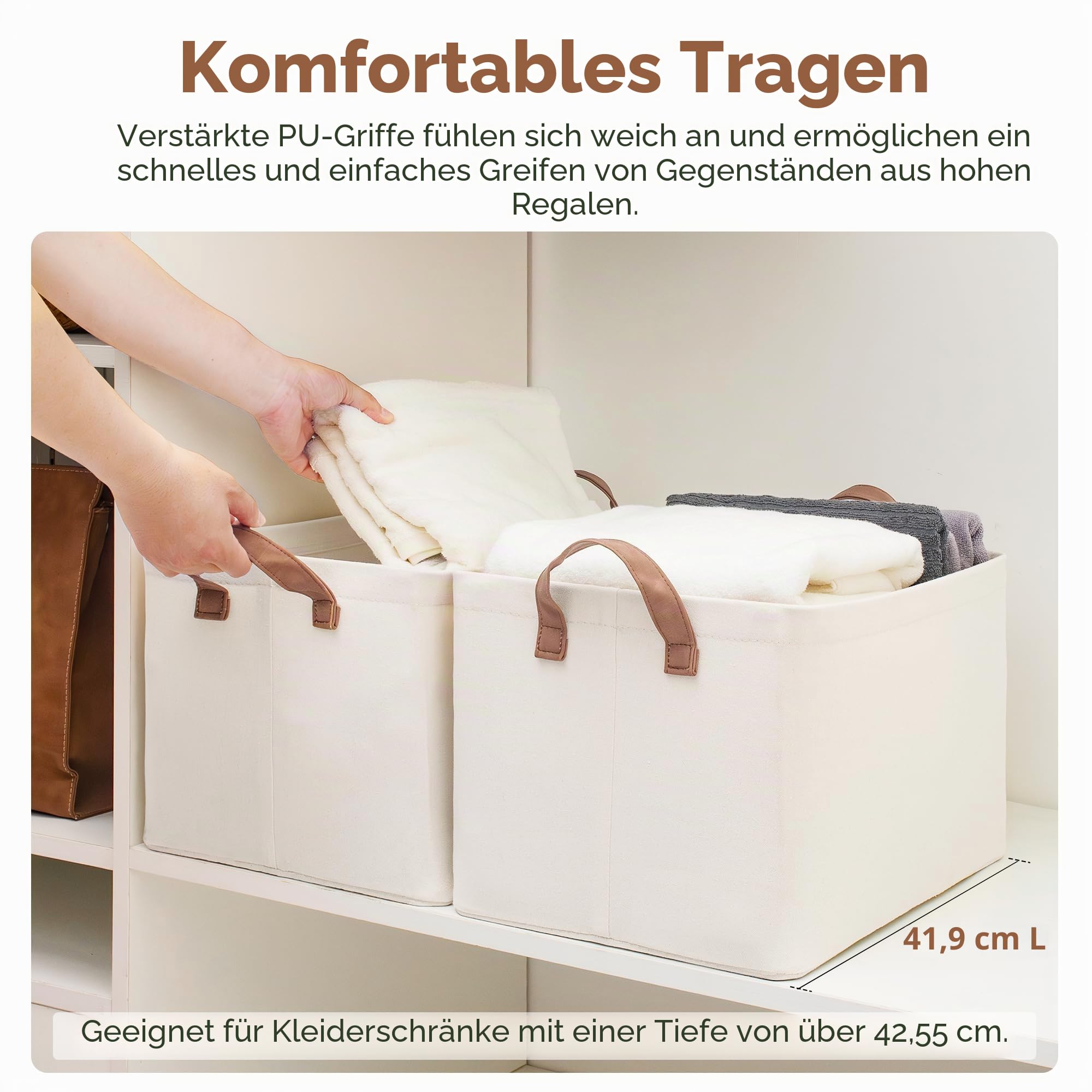 StorageWorks Aufbewahrungskörbe für Regale, faltbare Aufbewahrungsbox mit Metallrahmen, Stoff Ordnungsbox mit Griffen, Kleiderschrank Aufbewahrungskorb groß für Kleidung, Pullover, beige, 2 Stück 8