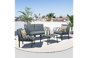 DOMI OUTDOOR LIVING Domi Outdoor 4 PCS Patio Conversation Set with Removable Grey Cushions, Plastic Dining Table and Chairs Dining Set for Garden Lawn Yard