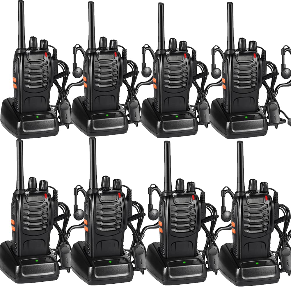 Nestling 8 Pack 88E Long Range Walkie Talkie USB Rechargeable 16CH Walky Talky Radio with Earpieces and LED Light Voice Prompt for Field Survival Biking and Hiking