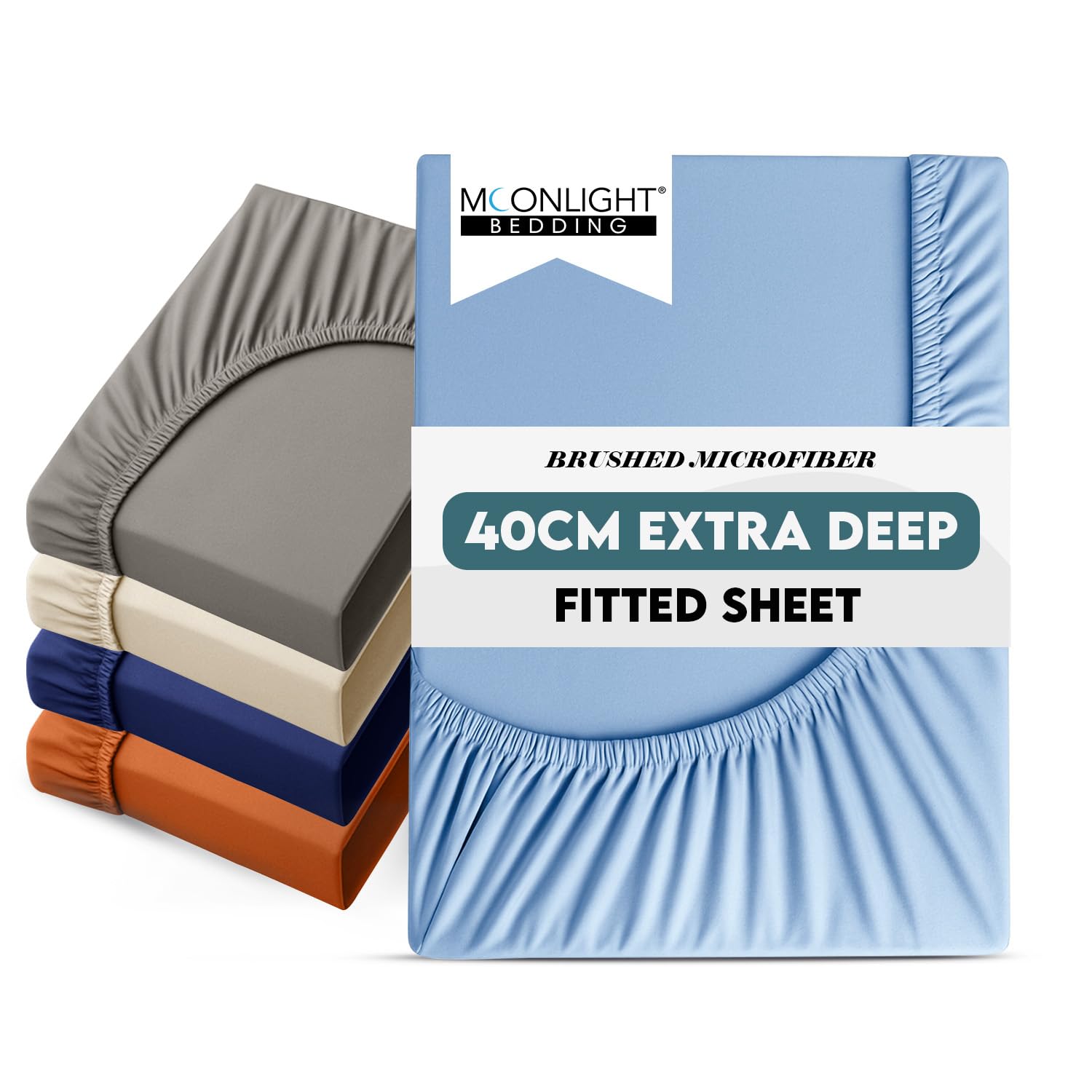 Moonlight Bedding Fitted Sheet 40 Cm Extra Deep Pocket Bed Sheets 16 inch Ultra Soft Bottom Sheet Brushed Microfiber Breathable Shrinkage and Fade Resistant (Light Blue, King)