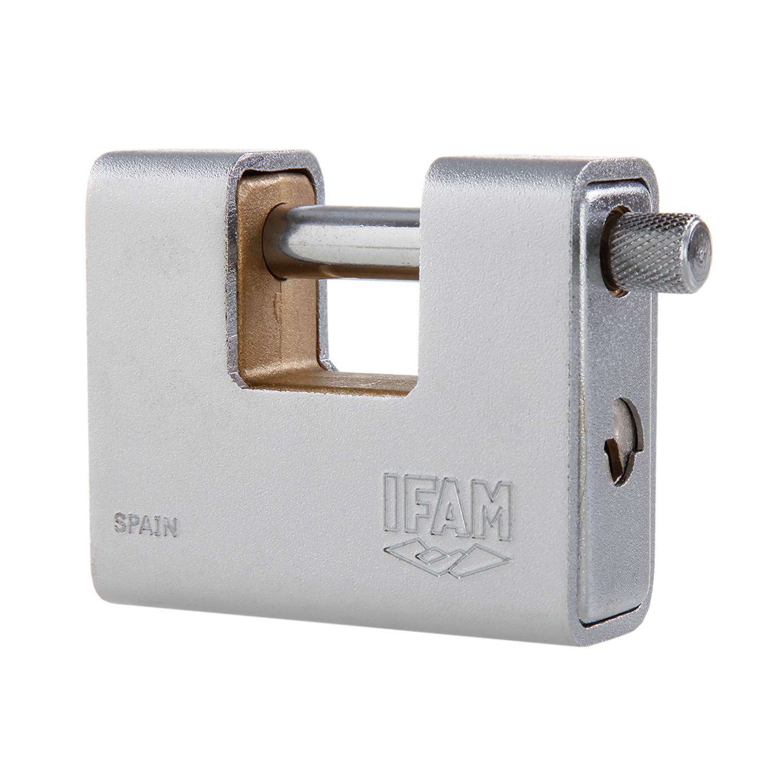 IFAM Armoured Series Hardened Steel Monoblock Padlock, Rectangular U-Shape, Length 90 mm, High Level of Protection, Security and Resistance, Chrome, Includes Keys