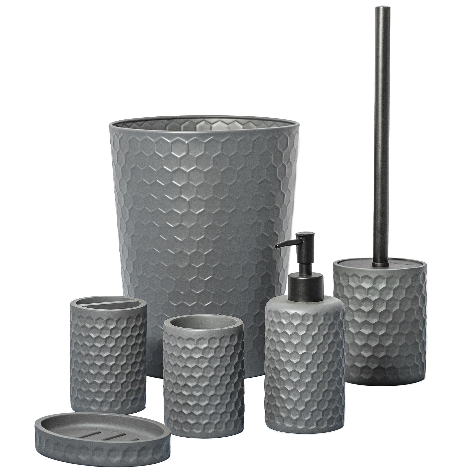 zccz Bathroom Accessory Set, 6 Piece Grey Bathroom Accessories Set with Trash Can, Toothbrush Holder, Toothbrush Cup, Soap Dispenser, Soap Dish, Toilet Brush with Holder, Trash Can, Light Grey