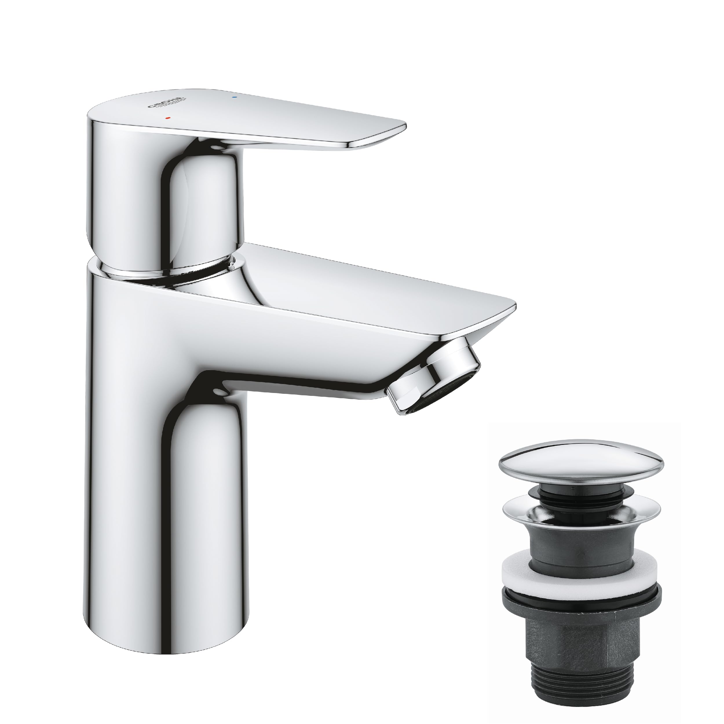 GROHE Start Edge - Basin Mixer Tap with Push-Open Waste Set, (Metal Lever, 28 mm Ceramic Cartridge, Water Saving Mousseur 5.7 l/min, Tails 3/8 Inch), Size 147 mm, QuickTool Included, Chrome, 24199001