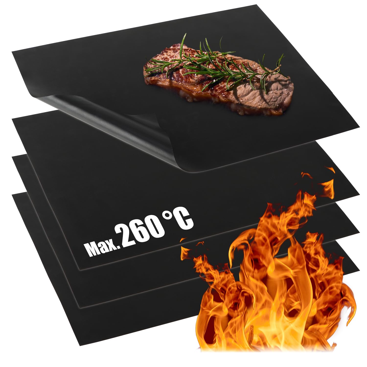 COM-FOUR® 4X BBQ Grill mat Made of Teflon - Heat-Resistant Baking mat - Non-Stick Grill foil - Grill and Baking mat - Reusable, Cut to Size, Dishwasher Safe (4 Pieces - Black)