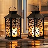 Homemory 2 Pack 13'' Black Solar Lanterns, Flickering Flame Hanging Lights | Realistic Flickering Flame Creates Cozy Ambiance for Patios, Porches, Gardens, Yards and Outdoor Evening Gatherings