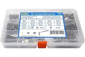 iexcell 1500 Pcs M2 x 4/5/6/8/10/12/14/16/18/20/25 Stainless Steel 304 Hex Socket Head Cap Screws Bolts Nuts Washers Assortment Kit
