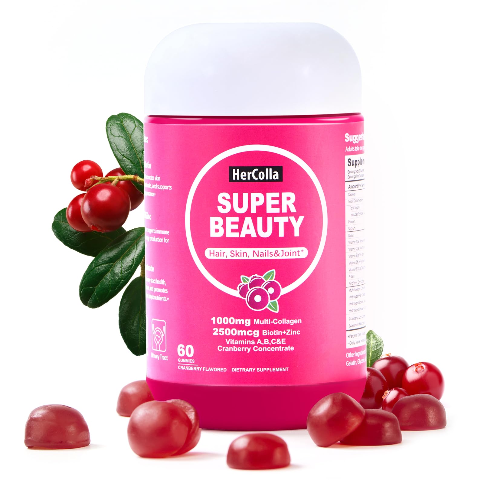 Photo 1 of ***BB 12/8/2026***HerColla Multi Collagen Gummies Protein Type I II III V X with 2500mcg Biotin - Hair Skin Nails Supplement for Women & Men - Hyaluronic Acid Cranberry Flavored Beauty Gummies (60 Count (Pack of 1))