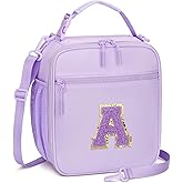 CLOUDWINGS Initial Insulated Lunch Bag for Girls Kids, Back to School Gift, Reusable Leak-proof Lunch Box with Adjustable Strap for School Daycare Travel Picnic (Purple,A)