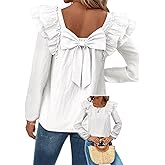 Falechay Womens Bow Tie Back Tops Square Neck Long Ruffle Sleeve Shirts Cute Babydoll Chiffon Texture Women Fall Trendy Tunic