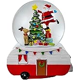 Santa Decorating Tree Snow Globe on Camper by The San Francisco Music Box