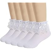 Looching 5 Pairs Toddler Baby Girls Ruffle Lace Trim Socks with Bow Frilly Eyelet Mesh Princess Ankle Dress Socks