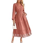 Simplee Women's Long Sleeve Fall Long Dress Swiss Dot Maxi Wedding Guest Dress Boho V Neck Casual Dress with Pockets