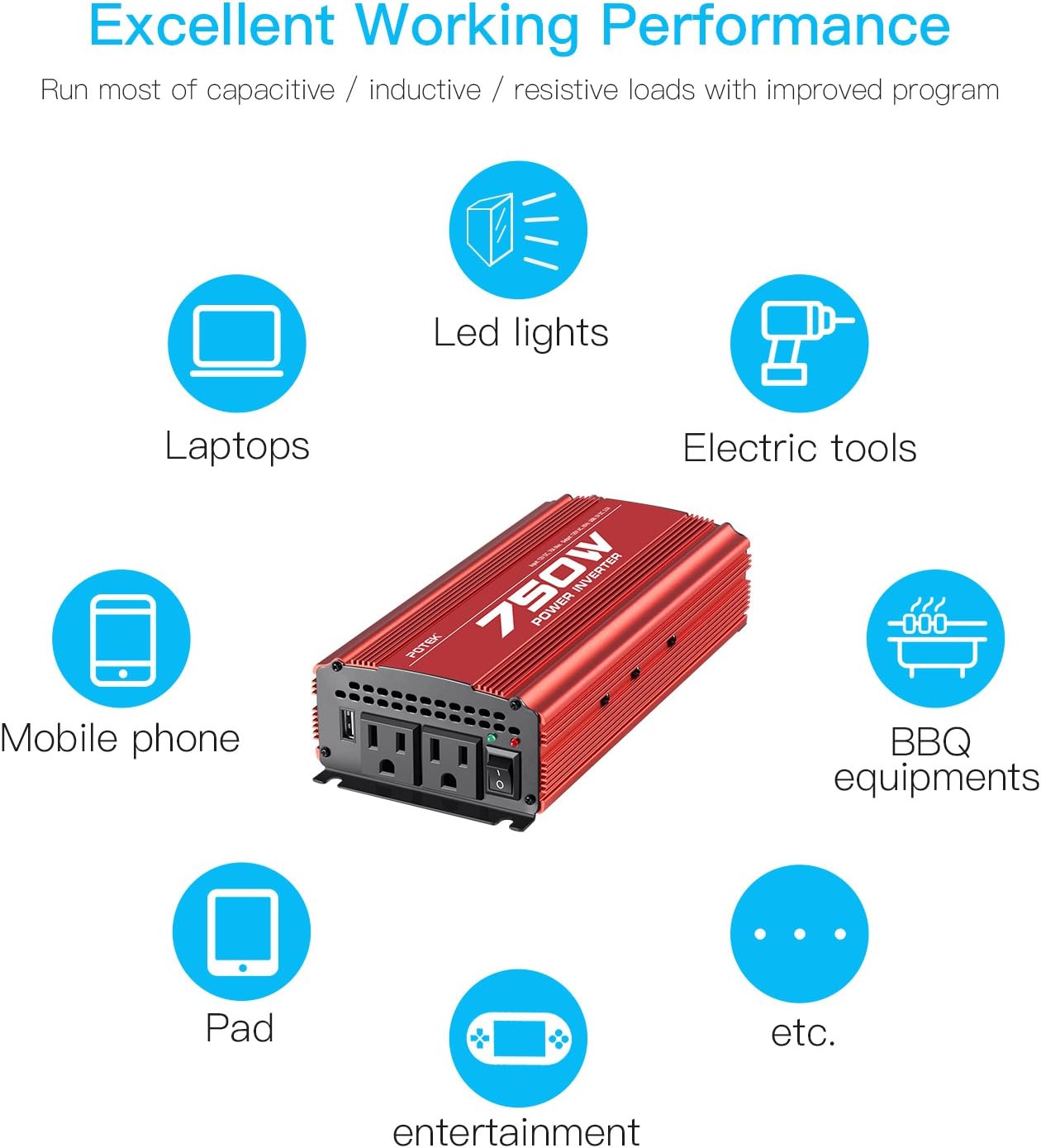 POTEK 750W Power Inverter DC 12 V to AC 115V Converter with 2A USB Charging Port: Car Electronics