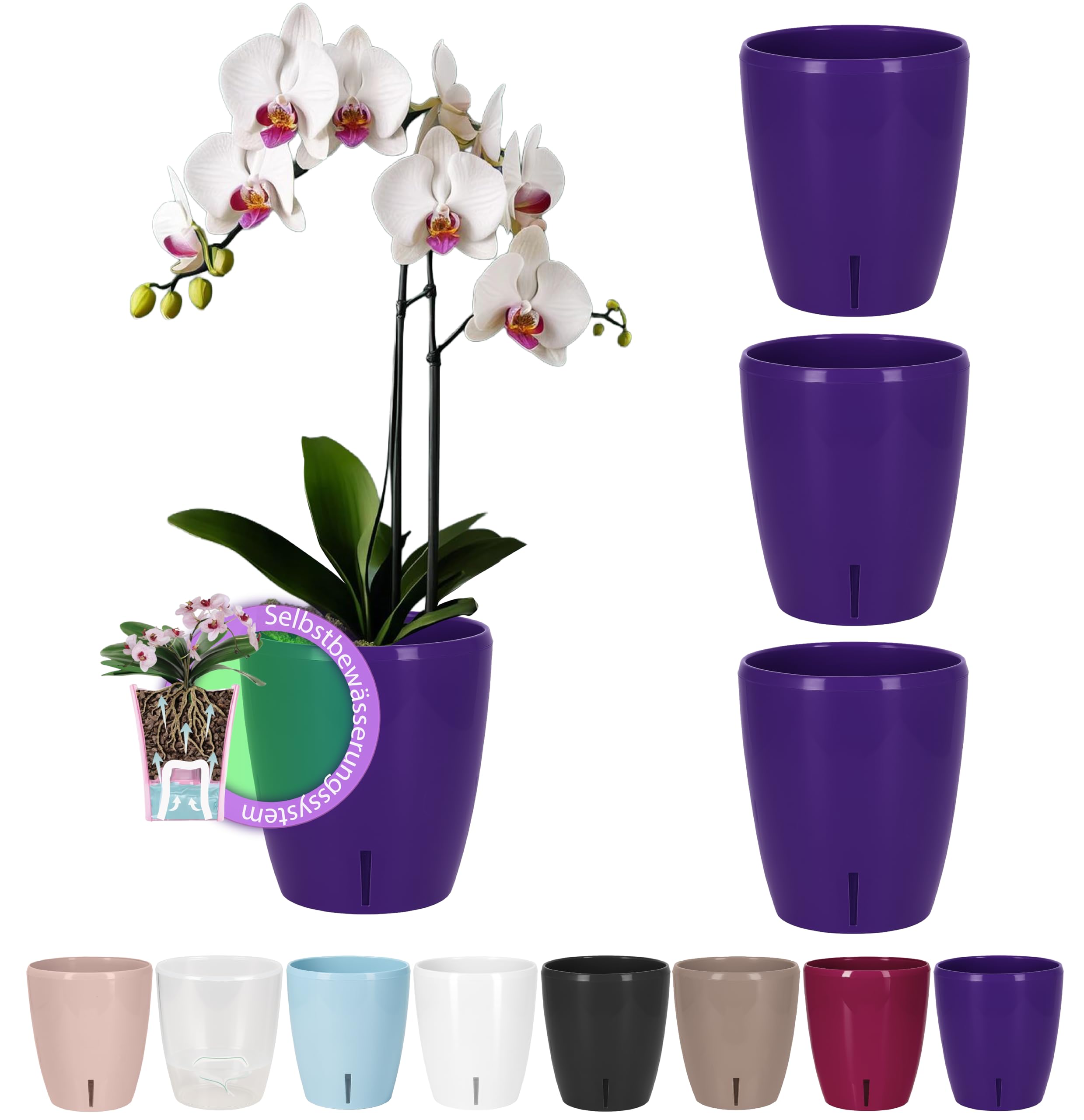 Santino SET OF 4 ORCHIDEA Self-Watering Orchid Pot - 15CM Self-Watering Decorative Planter with Wick System and Water Level Indicator (Ø 15 cm, H 18 cm, 2L - Violet)