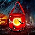 Hutuzldz Halloween Trick or Treat Candy Bags LED Light Up Pumpkin Bucket, Collapsible Reusable Candy Basket, Fabric Gift Good
