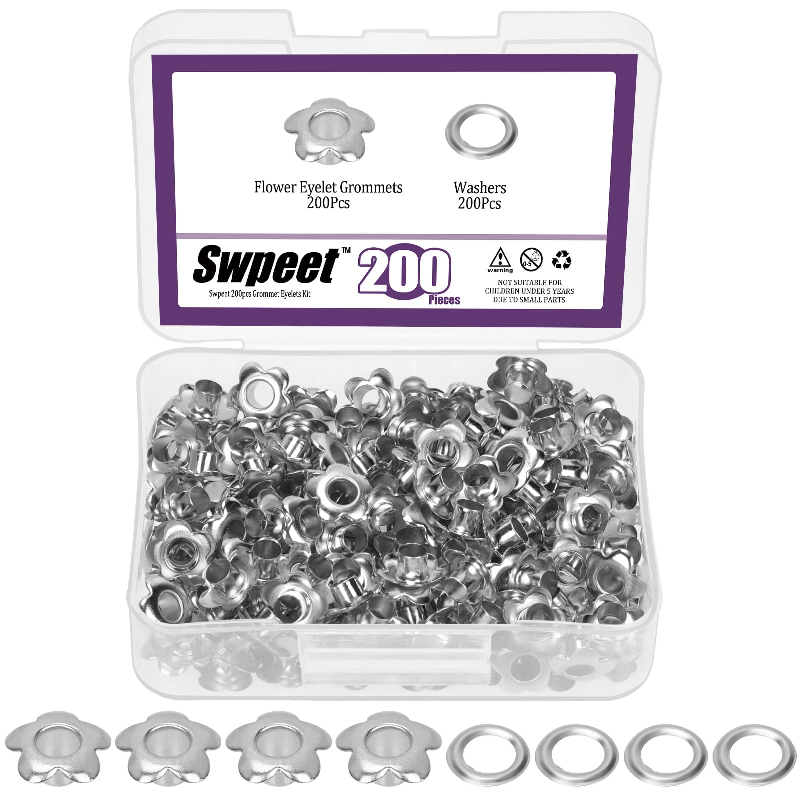 Swpeet 200Sets 3/16" (5mm) Silver Hole Flower Grommets Metal Grommets Eyelets Grommet Kit, Metal Eyelets Kits Grommets Eyelets for Repairing Canvas, Leather, Curtains