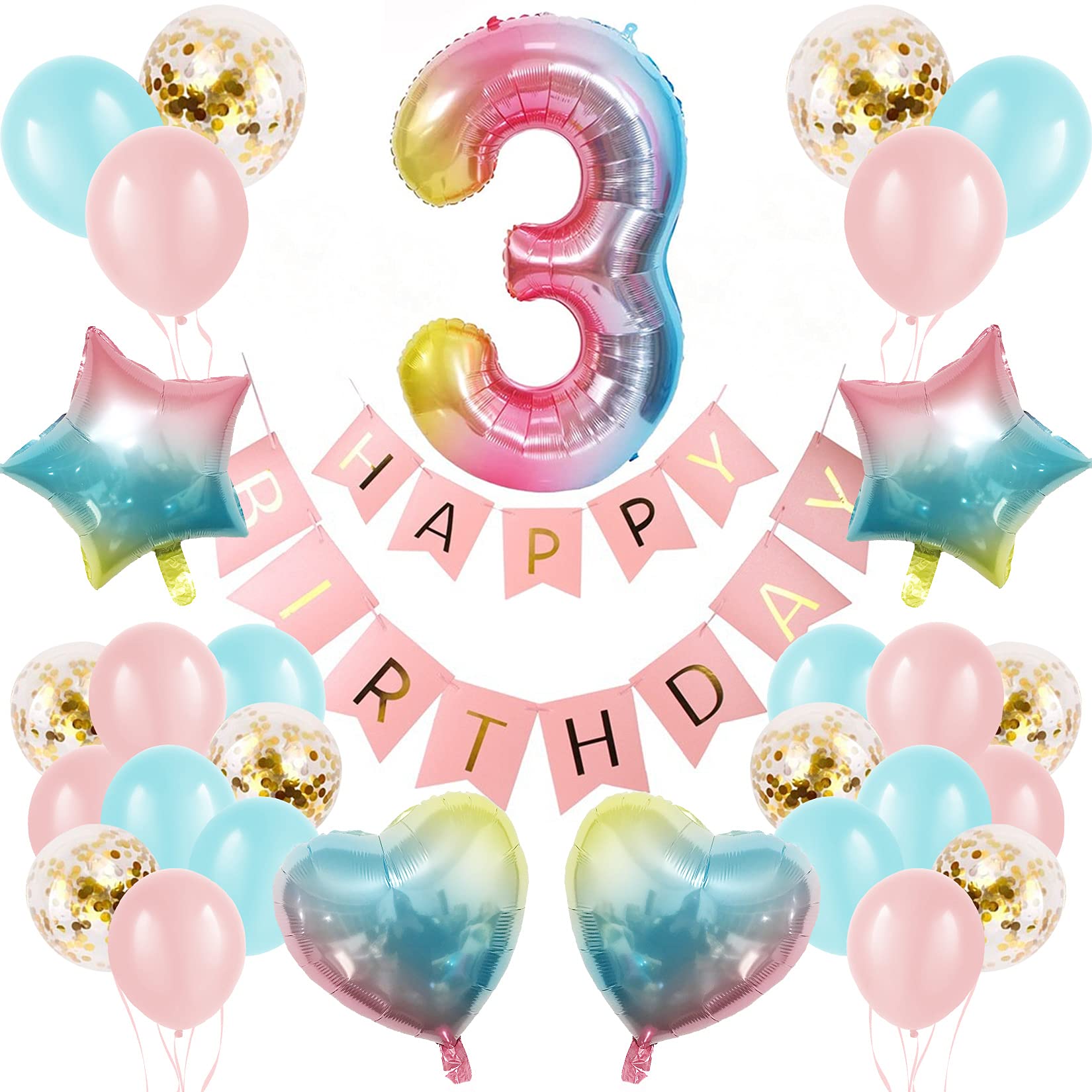 3rd Birthday Decorations for Girls Boys, Number 3 Balloon, Happy Birthday Banner, Gradient color Age 3 Birthday Balloons, Large Digital Balloon 3 for Great Baby Shower, Birthday, Anniversary