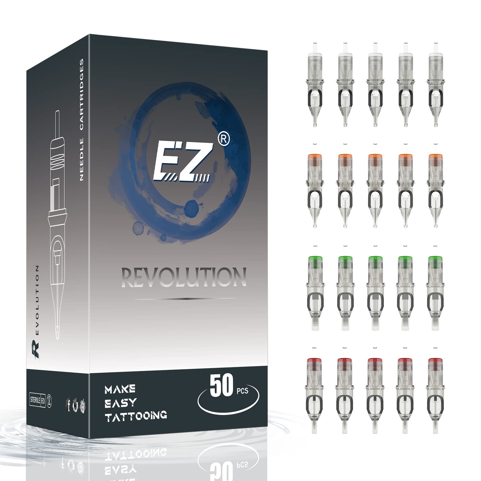 EZ Tattoo Cartridge Needles Assorted - 50Pcs #10 Mixed (3RL 5RL 7M1 9RM) & #12 (7RS) Tattoo Needle Cartridges for Tattooing Rotary Tattoo Pen Machine Supply - Revolution