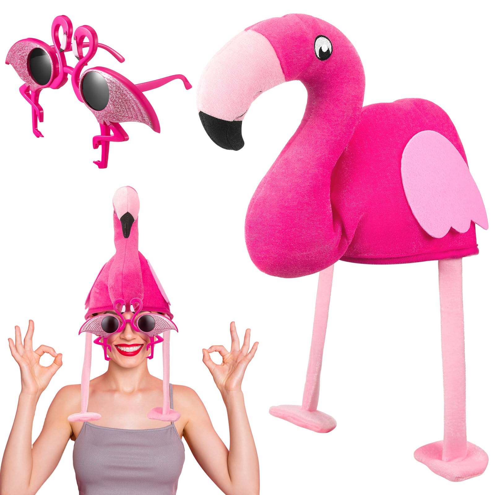Neer 2 Pcs Carnival Funny Hat and Glasses Set Novelty Party Hat Dress up Sunglasses Cosplay Costume Accessories for Photo Props(Flamingo)