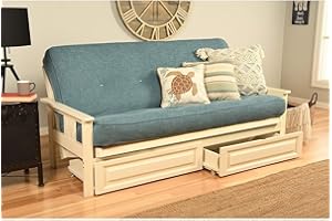 HomeStock Timeless Tradition Full Size Futon Frame Set in Antique White Finish with Mattress, Easily Converts to Bed, 33" H x 79" L x 37" D Linen Aqua/with Storage Drawers