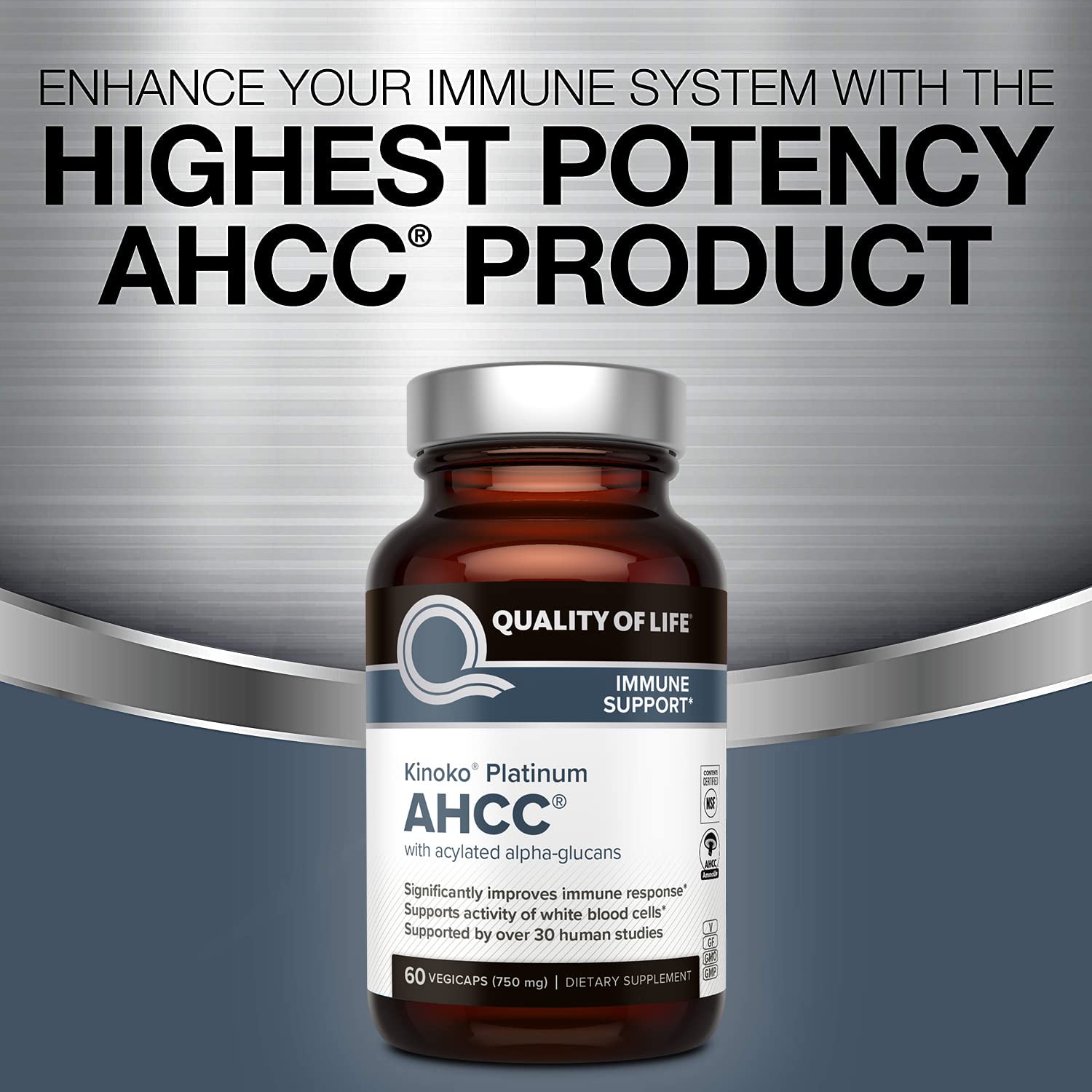 Quality of Life AHCC Kinoko Platinum 750 mg – Premium Immune Support Supplement - Pack of 2, 60 Count Bottles