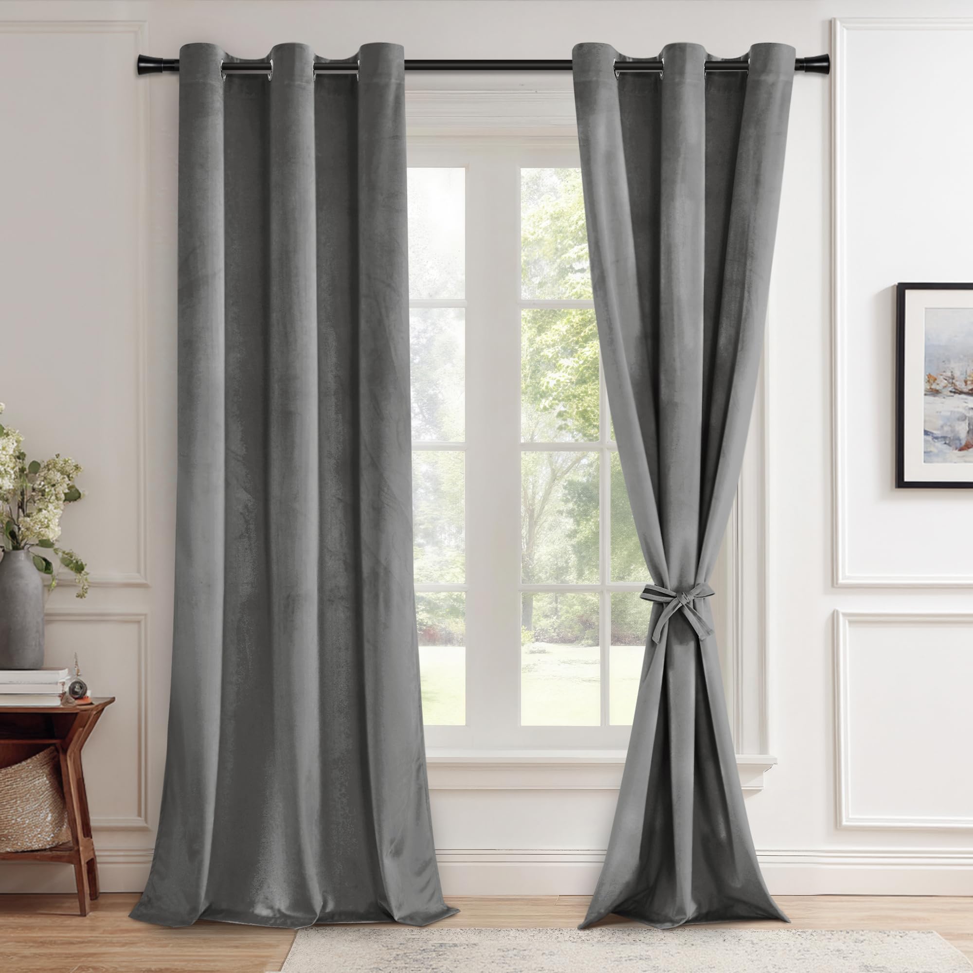 JIUZHEN Grey Velvet Curtains 120 inches Blackout Curtains for Living Room - Privacy Protect Room Darkening Grommet Thick Velvet Window Drapes for Bedroom, Set of 2 with Tiebacks, 42W x 120L Image