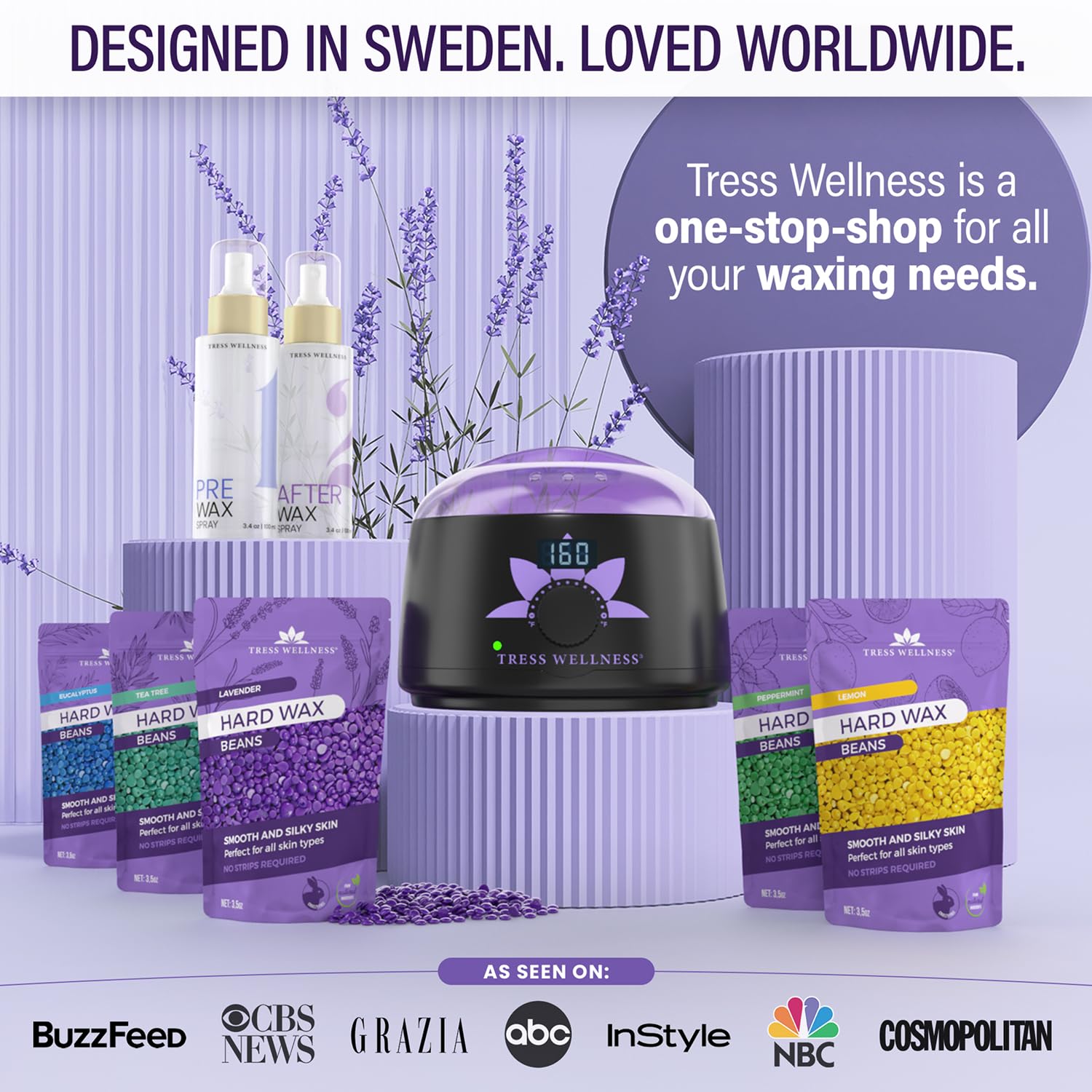 Tress Wellness Waxing Kit for Sensitive Skin, Safe for Face & Skin, Prep & Aftercare Spray, Easy to Use, At-Home Kit for Face, Bikini, Brazilian & Full Body - Digital Display, Black Purple Flower