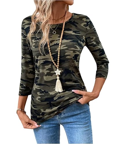 3/4 Length Sleeve Womens Tops Camouflage Printed Casual Crew Neck