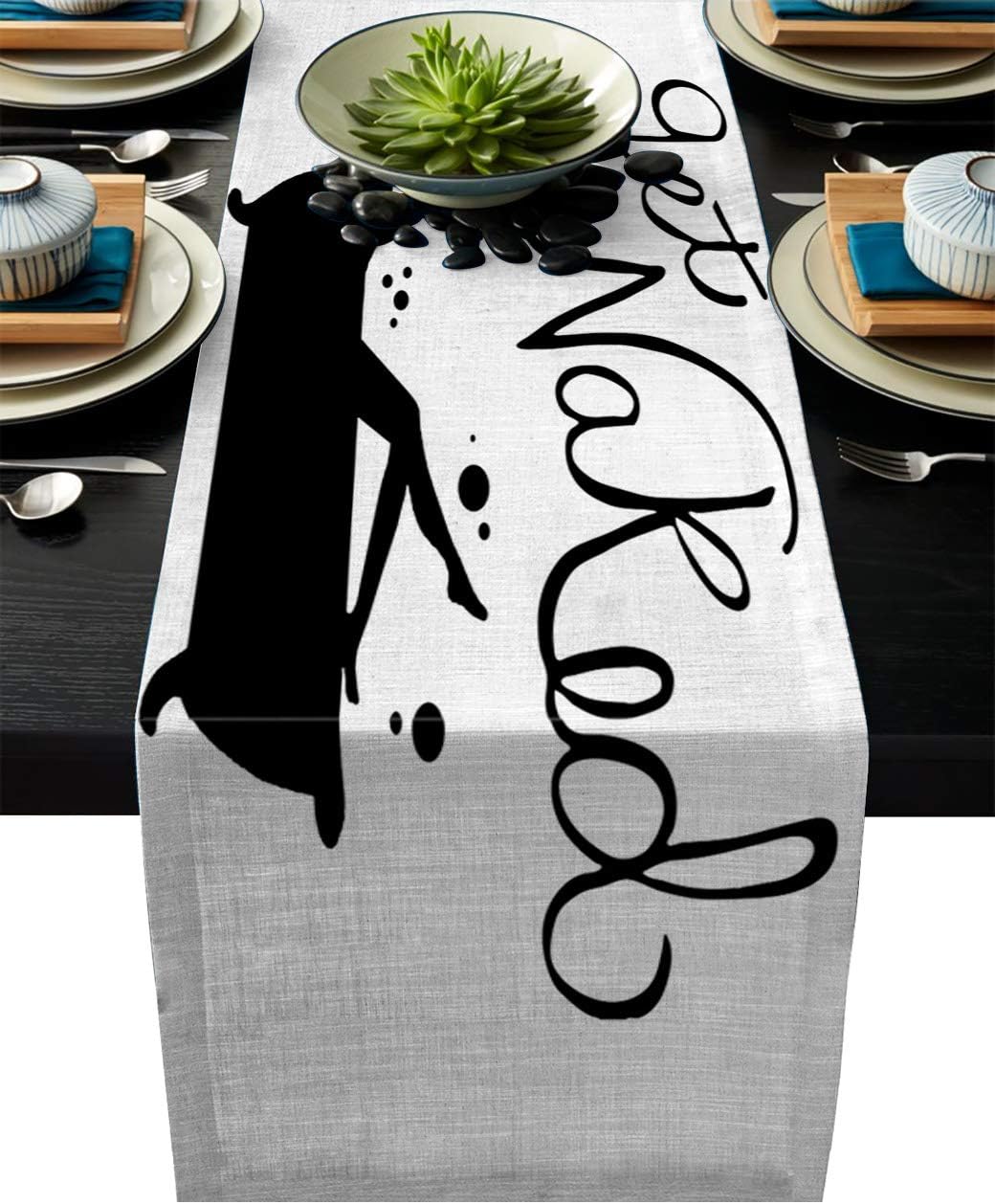 URDER Burlap Linen Table Runner 13 x 90 inch - Get Naked Sexy Shower Women Black and White Farmhouse Table Cover for Home Dining, Holiday Parties, Summer Spring Wedding Table Decor