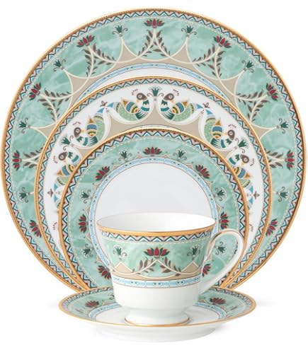 Noritake Infinito Infinity Bronze Servizio Da Tavola 5 Pezzi - Porcellana Bone Con Bordo Dorato E Motivo Marmorizzato