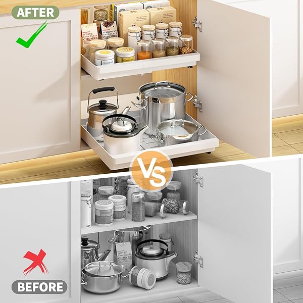 DOMNIU 2 PACK PULL OUT CABINET ORGANIZERS EXPANDABLE (13”-19”), PLASTIC SLIDE OUT DRAWERS FOR KITCHEN, BATHROOM, PANTRY, UNDER SINK STORAGE, PULL OUT DRAWERS FIXED WITH ADHESIVE NANO FILM (WHITE)