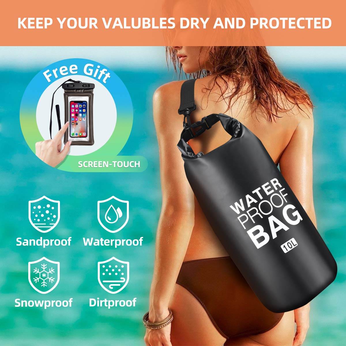 Trentixel Waterproof Dry Bags, Floating Dry Sack with Detachable Shoulder Strap, 5L/10L/20L Large Dry Bag for Fishing, Kayaking, Surfing, Rafting, Hiking and Camping with Waterproof Phone Case