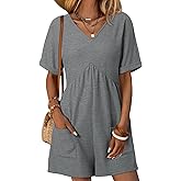 AlvaQ Rompers for Women Solid Color Casual Short Sleeve V Neck Zipper Short Jumpsuits with Pockets