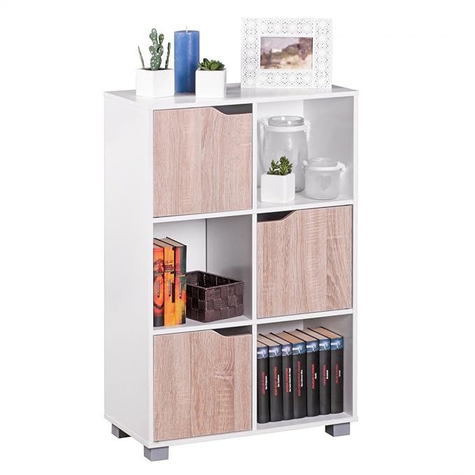 FineBuy Design Bücherregal Modern Holz Weiß mit Türen geschlossen Sonoma Eiche Standregal freistehend 6 Fächer 60 cm Breit x 