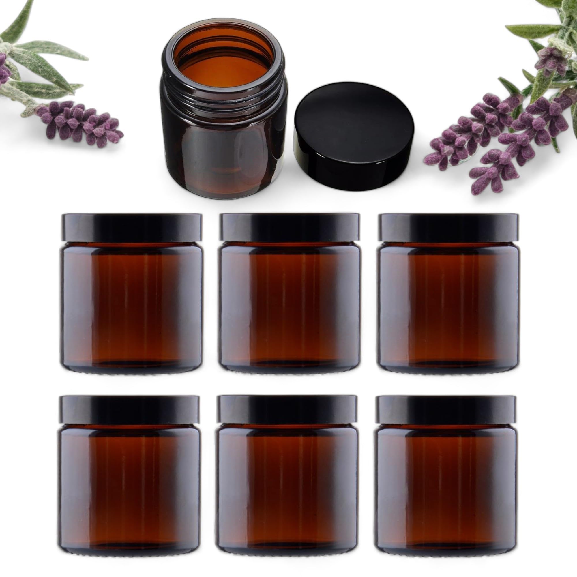 Avalon Cosmetic Packaging - PACK of 6 - Empty AMBER Glass Jars with Black Urea Airtight Lids for Aromatherapy Blends/Creams/Candlemaking (120ml)