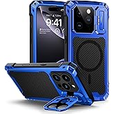 Lanhiem for iPhone 16 Pro Only 6.3" Metal Case with Camera Cover & Stand [Compatible with MagSafe] [Built-in Kickstand] [Military-Grade Protection] Heavy Duty Rugged Magnetic Phone Case, (Blue)