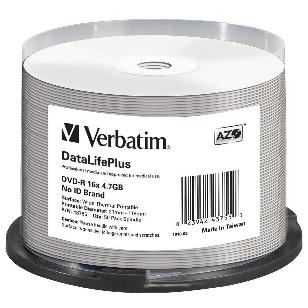 Verbatim 43755 4.7GB 16x DVD-R Printable - 50 Pack Spindle